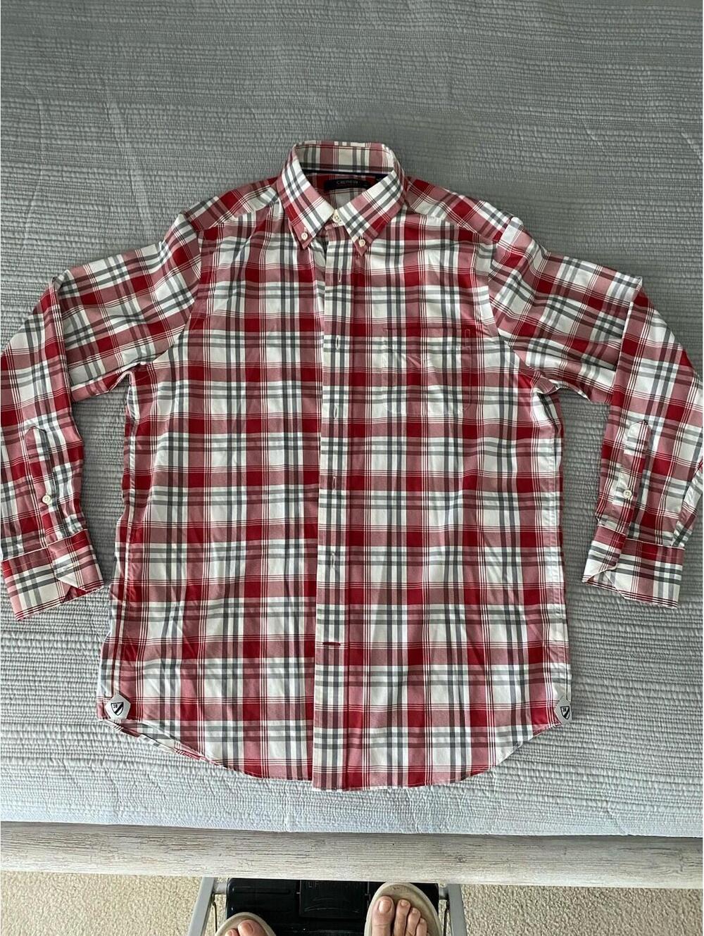 Cremieux Men’s M Red White Gray Plaid Collared Long Sleeve Button-Up